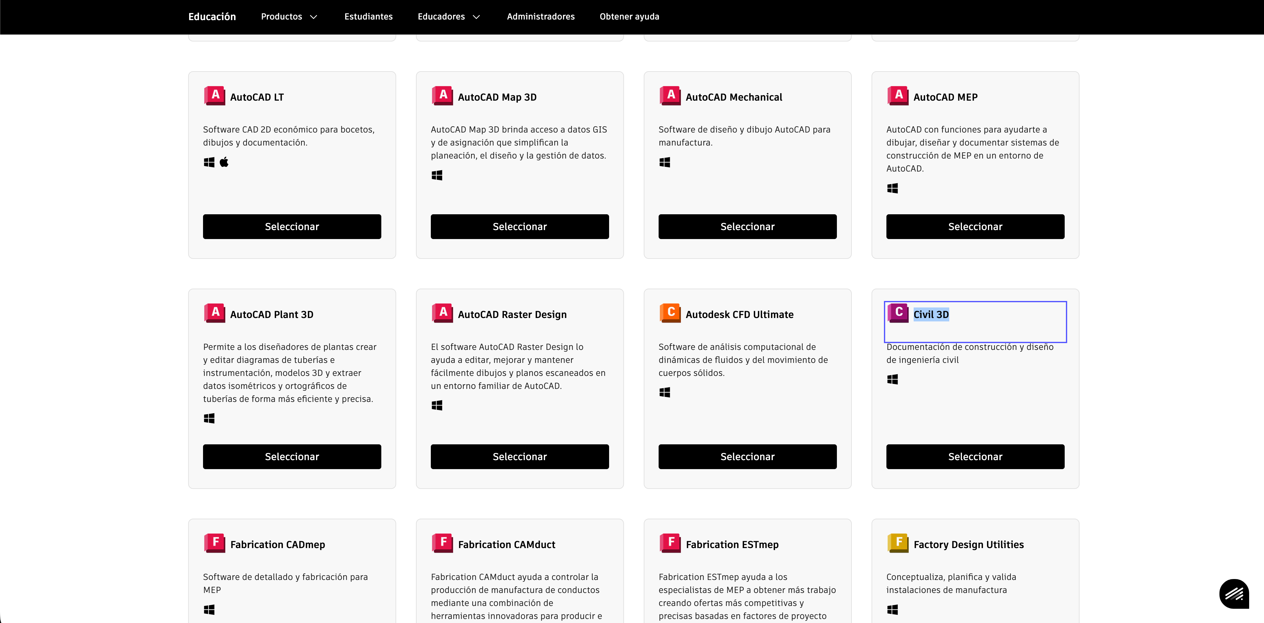 Selección de versión de Autodesk Civil 3D para estudiantes
